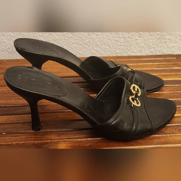 Escada Black Leather Heels with Gold Accent - Picture 8 of 12